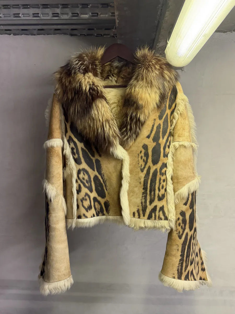 AW2001 Roberto Cavalli Beige Fur Leather Royal Leopard Jacket  qSxtBtV 5