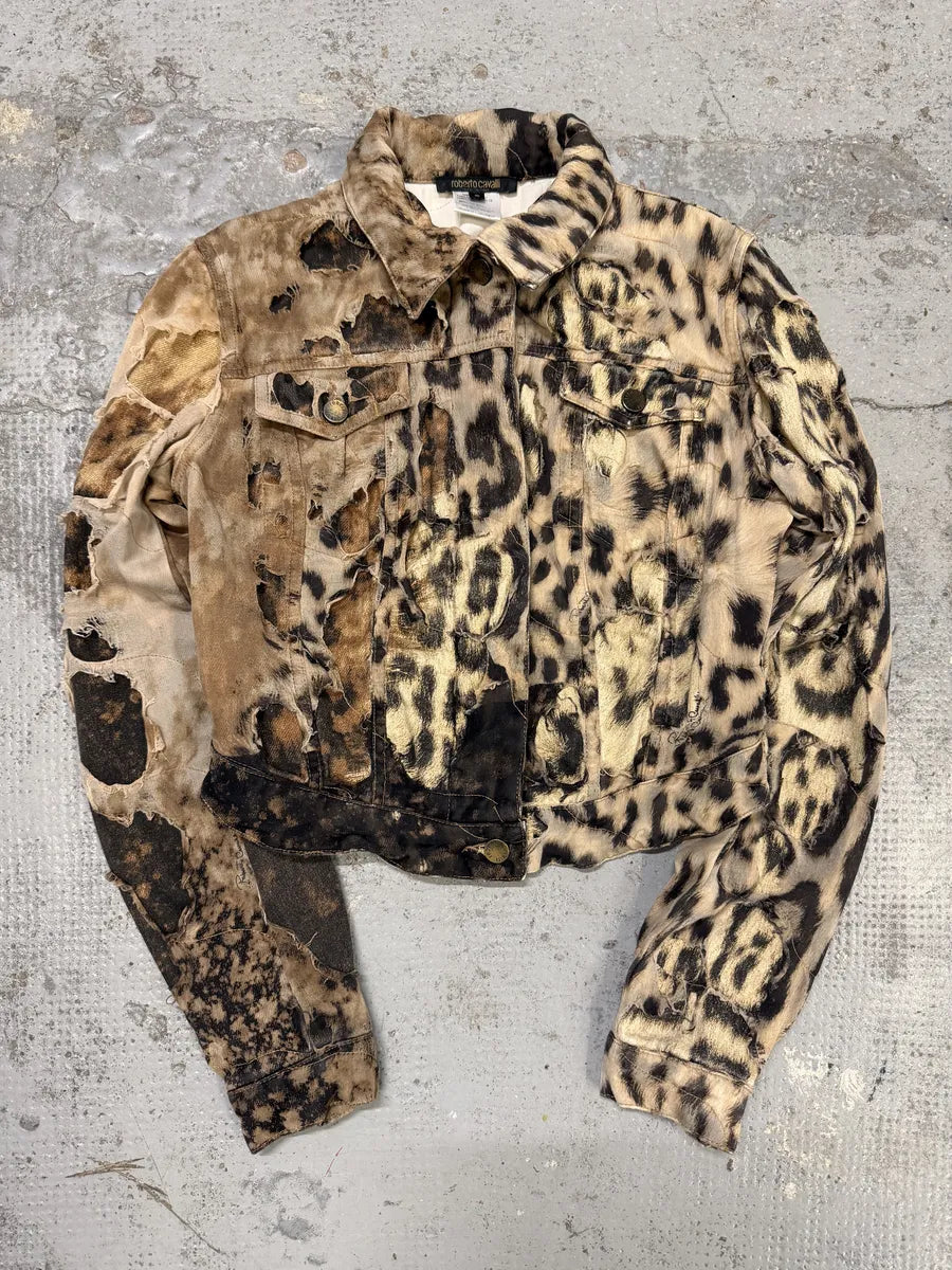 AW2001 Roberto Cavalli Beige Leopard Distressed Jacket ppnYEdF 0