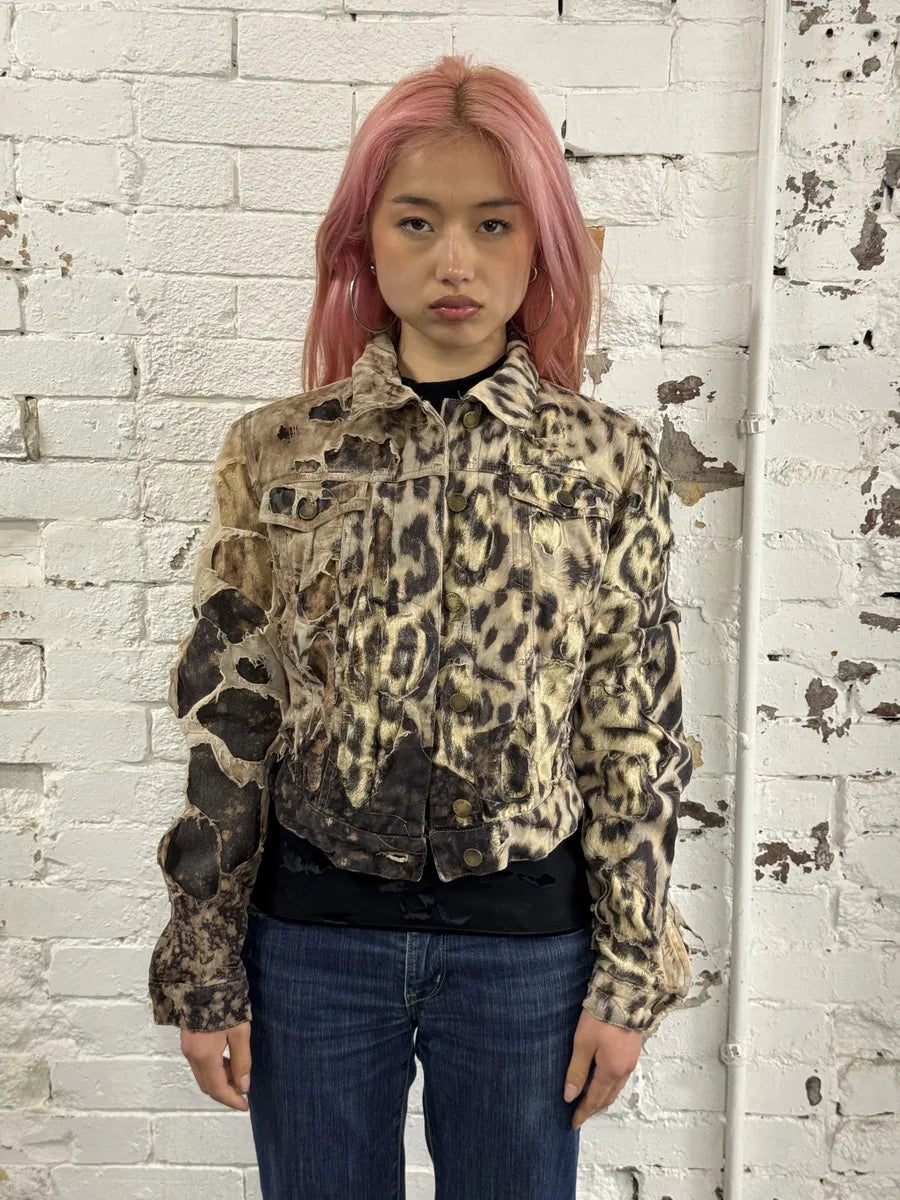 AW2001 Roberto Cavalli Beige Leopard Distressed Jacket ppnYEdF 1