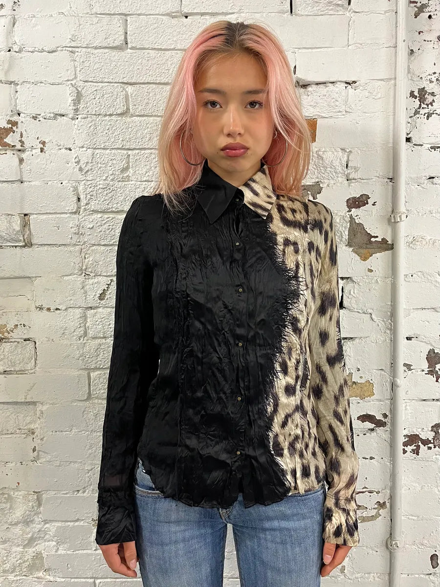 AW2001 Roberto Cavalli Black Silk Leopard Print Shirt fhAHwIA 1