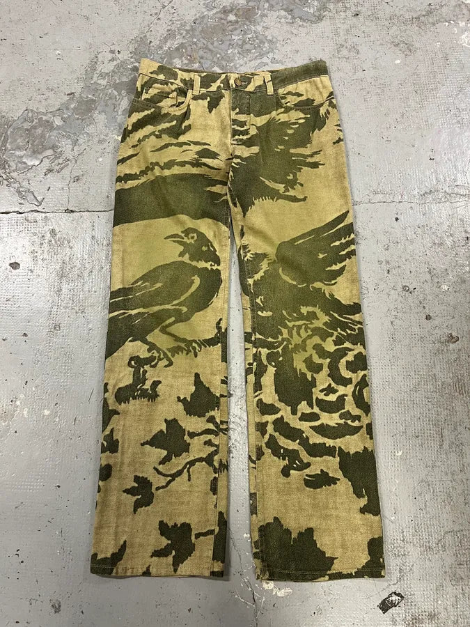 AW2001 Roberto Cavalli Camo Birds Khaki Beige Pants Nfqhdlg 0