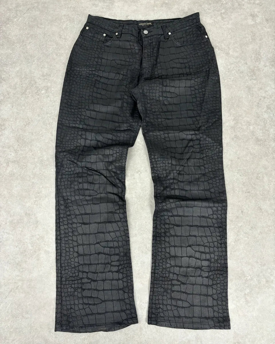 AW2001 Roberto Cavalli Crocodile Effect Obscure Black Pants xLjinuP 0