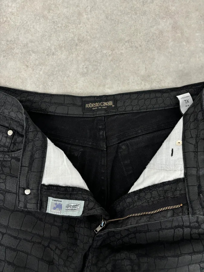 AW2001 Roberto Cavalli Crocodile Effect Obscure Black Pants xLjinuP 7