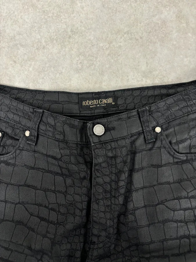 AW2001 Roberto Cavalli Crocodile Effect Obscure Black Pants xLjinuP 4