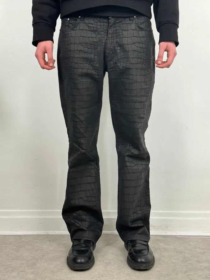 AW2001 Roberto Cavalli Crocodile Effect Obscure Black Pants xLjinuP 1