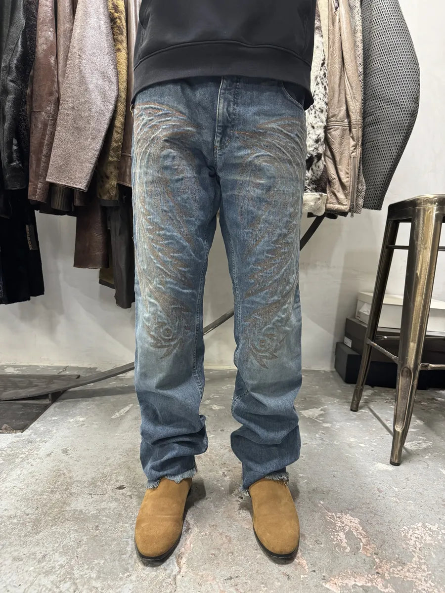 AW2001 Roberto Cavalli Dragon Embroidered Legacy Blue Denim Jeans (L) 0