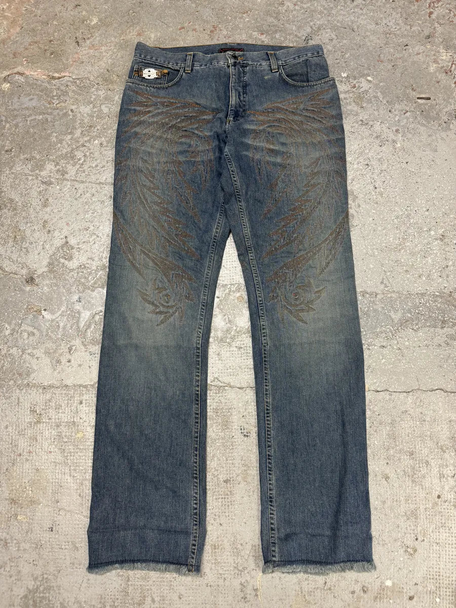 AW2001 Roberto Cavalli Dragon Embroidered Legacy Blue Denim Jeans (L) 10