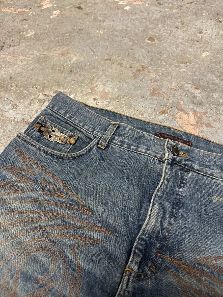 AW2001 Roberto Cavalli Dragon Embroidered Legacy Blue Denim Jeans (L) 7