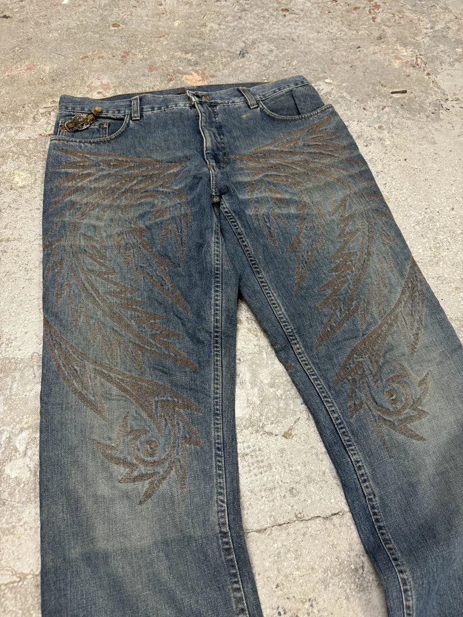 AW2001 Roberto Cavalli Dragon Embroidered Legacy Blue Denim Jeans (L) 8