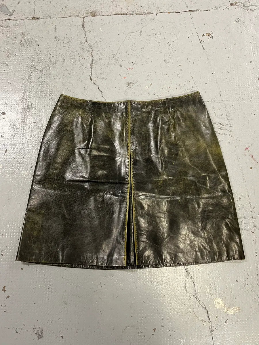SS2001 Roberto Cavalli Eroded Olive Leather Mini Skirt NbPOUMo 0