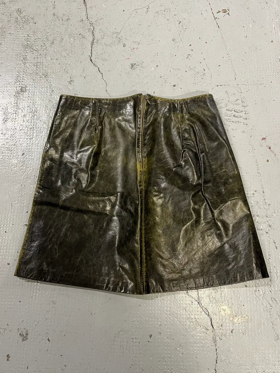 SS2001 Roberto Cavalli Eroded Olive Leather Mini Skirt NbPOUMo 6