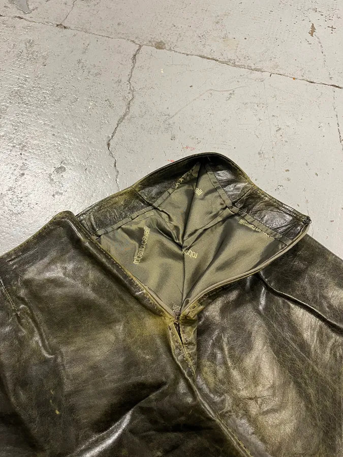 SS2001 Roberto Cavalli Eroded Olive Leather Mini Skirt NbPOUMo 7