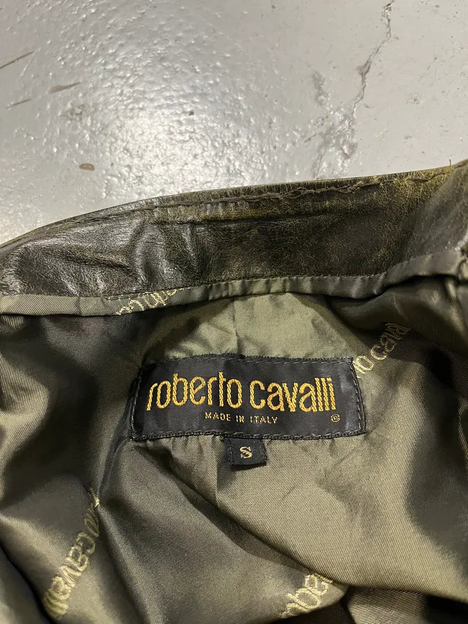 SS2001 Roberto Cavalli Eroded Olive Leather Mini Skirt NbPOUMo 8
