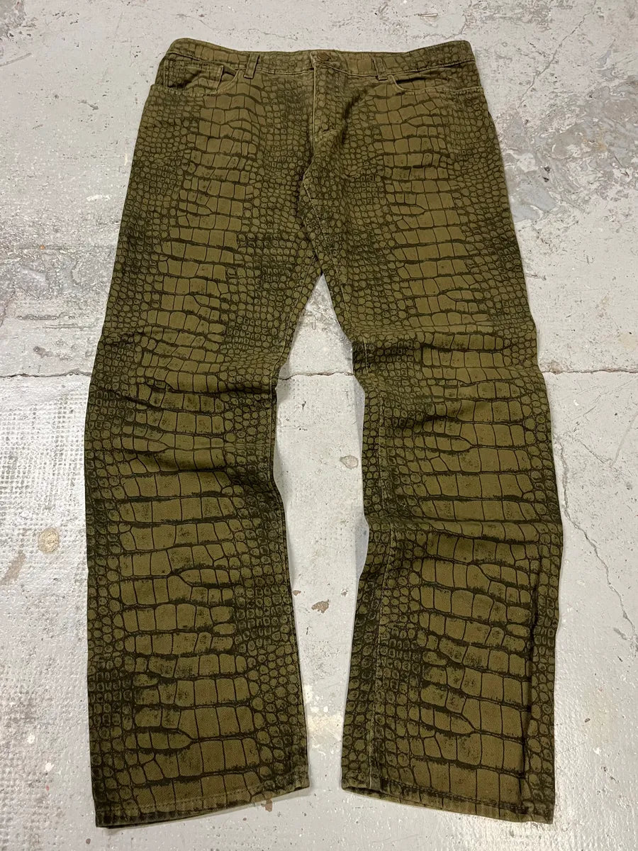 AW2001 Roberto Cavalli Olive Crocodile Effect Pants SNHzLsh 0