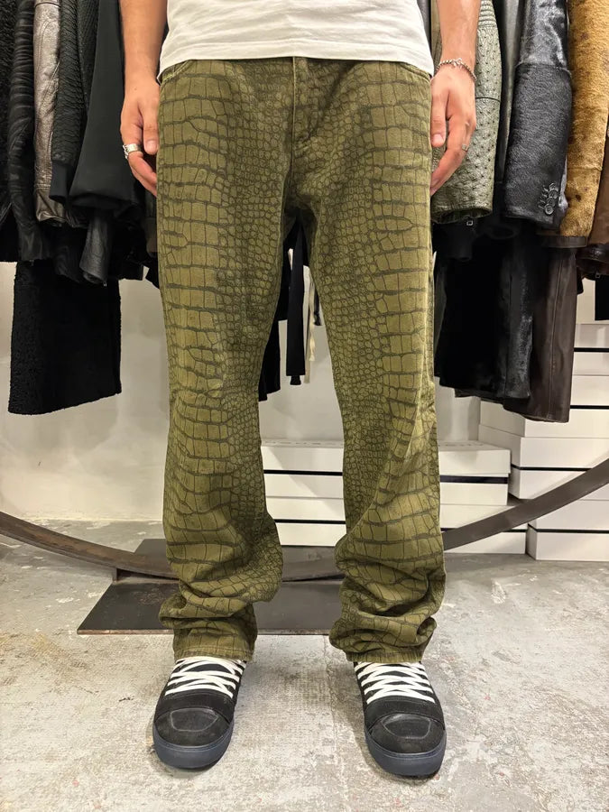 AW2001 Roberto Cavalli Olive Crocodile Effect Pants SNHzLsh 1