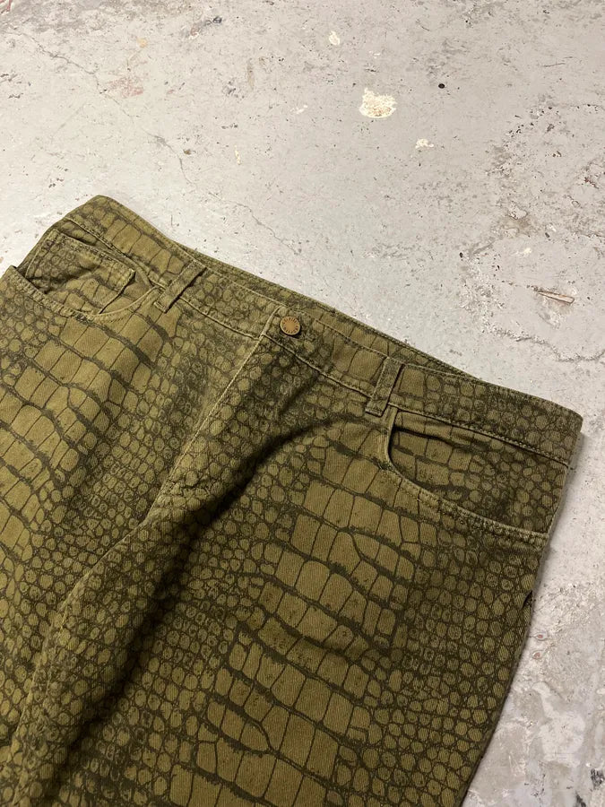 AW2001 Roberto Cavalli Olive Crocodile Effect Pants SNHzLsh 4