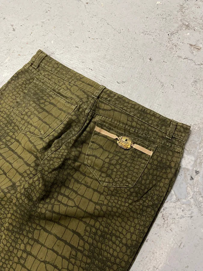 AW2001 Roberto Cavalli Olive Crocodile Effect Pants SNHzLsh 7