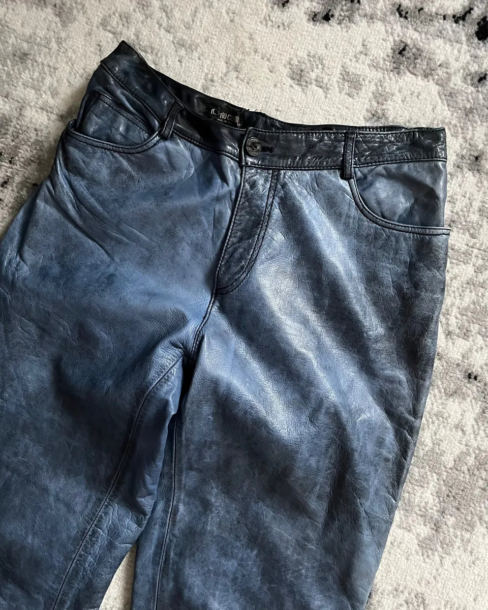 AW2001 Roberto Cavalli Pure Aqua Leather Pants YWoQagE 5