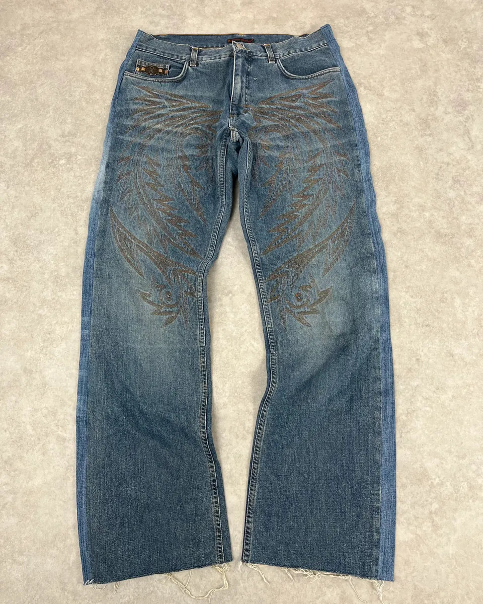 AW2001 Roberto Cavalli Royal Wings Embroidered Blue Denim Jeans iTsKYDG 1