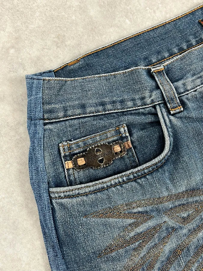 AW2001 Roberto Cavalli Royal Wings Embroidered Blue Denim Jeans iTsKYDG 8