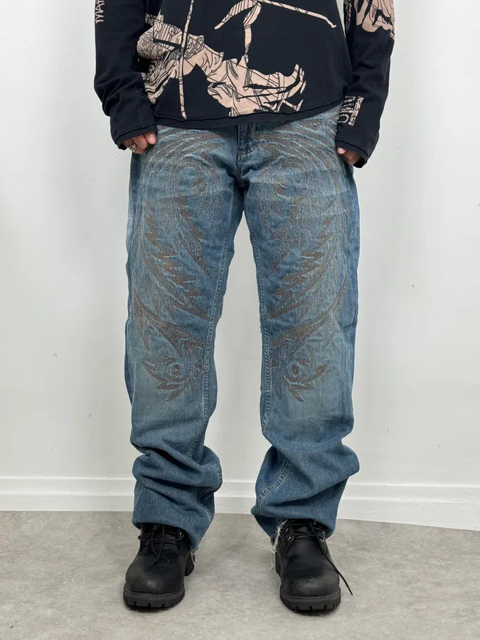 AW2001 Roberto Cavalli Royal Wings Embroidered Blue Denim Jeans iTsKYDG 0