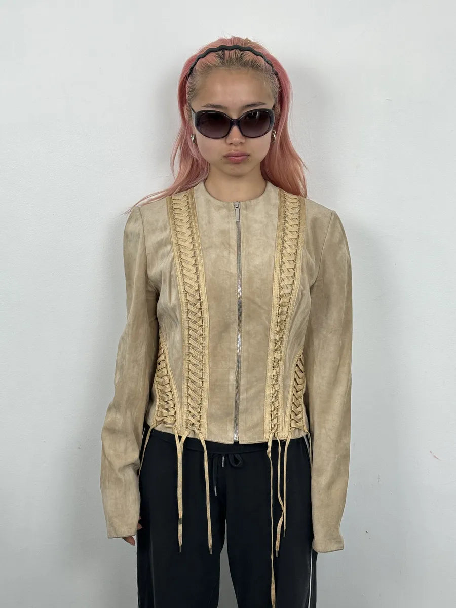 AW2002 Christian Dior Beige Leather Lace-Up Jacket hQjhYKj 2