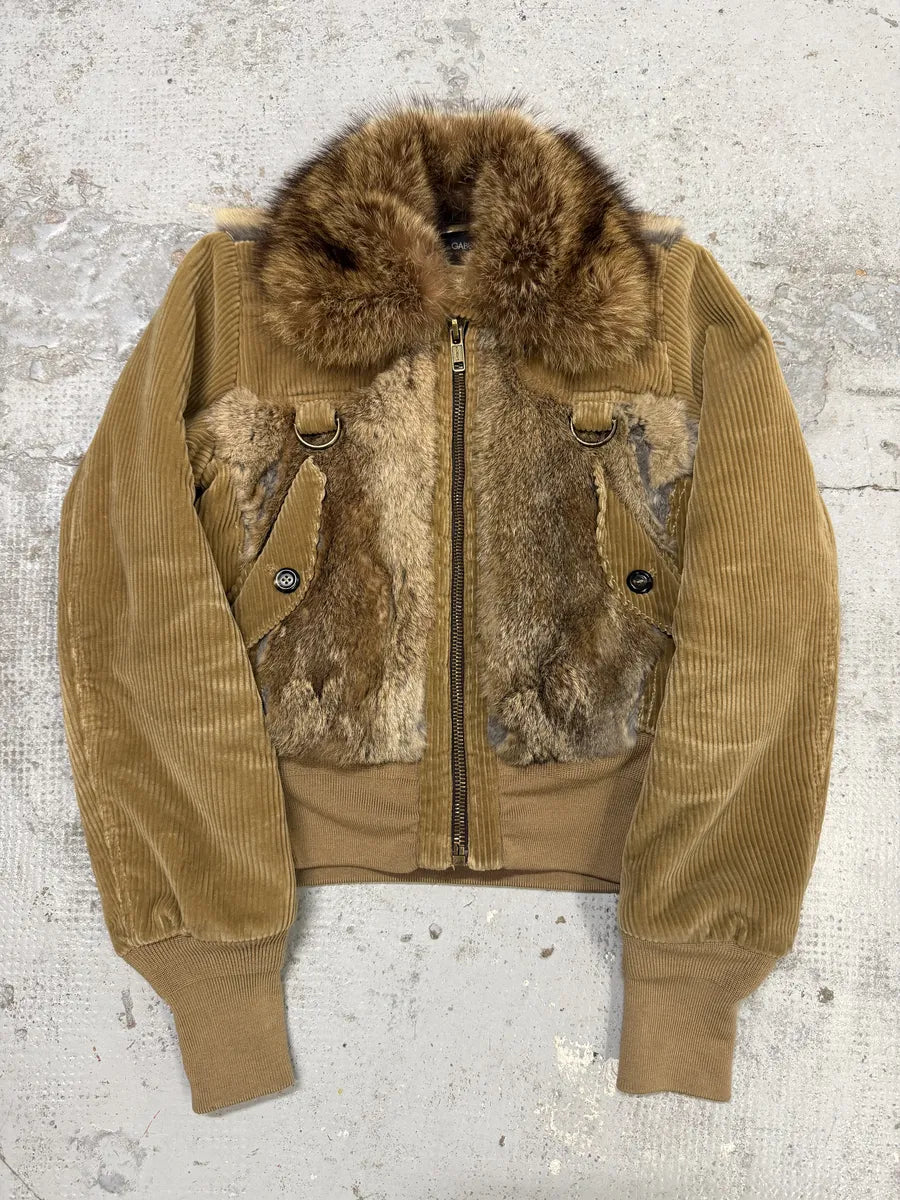 AW2002 Dolce & Gabbana Beige Corduroy & Rabbit Fur Bomber Jacket  hhWckal 0