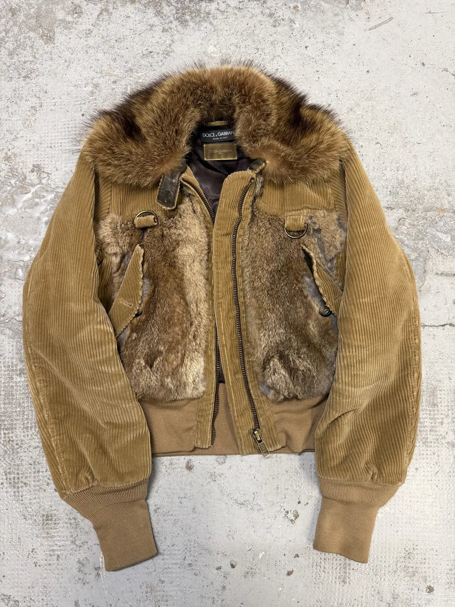 AW2002 Dolce & Gabbana Beige Corduroy & Rabbit Fur Bomber Jacket  hhWckal 6