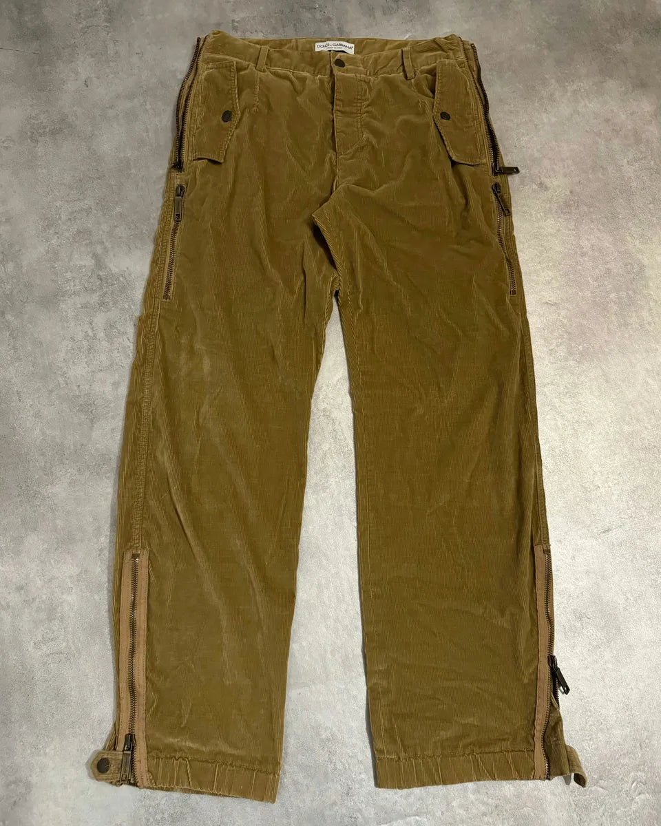 AW2002 Dolce & Gabbana Beige Velvet Multi Zips Pants lpIrRax 0