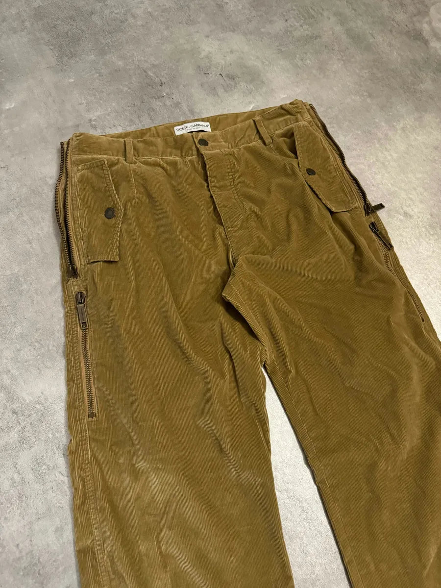 AW2002 Dolce & Gabbana Beige Velvet Multi Zips Pants lpIrRax 2
