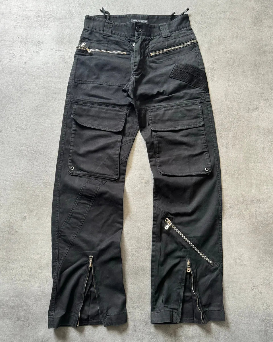AW2002 Dolce & Gabbana Black Asymmetrical Multi Zips Cargo Pants (S) 0