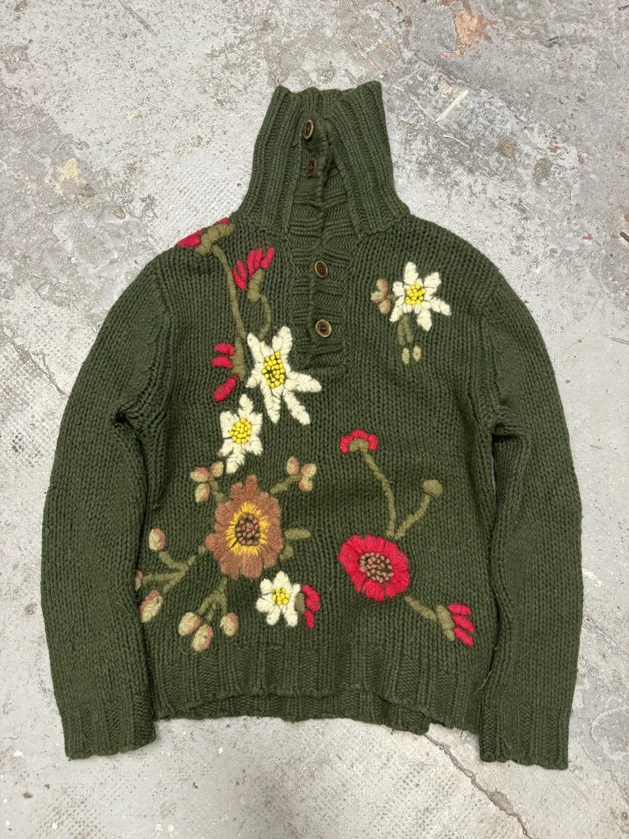 AW2002 Dolce & Gabbana Flowers Green Wool Sweater twnVPBM 0