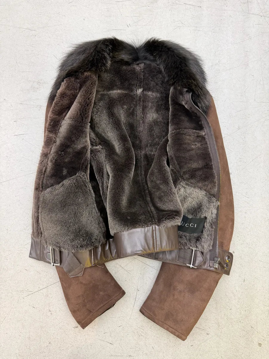 AW2002 Gucci Brown Suede Leather Fur Collar Jacket by Tom Ford cXgLQSj 10