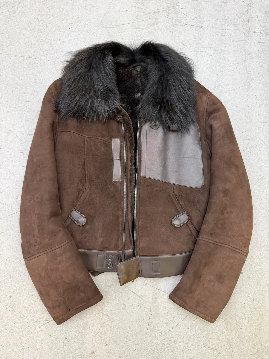 AW2002 Gucci Brown Suede Leather Fur Collar Jacket by Tom Ford cXgLQSj 7