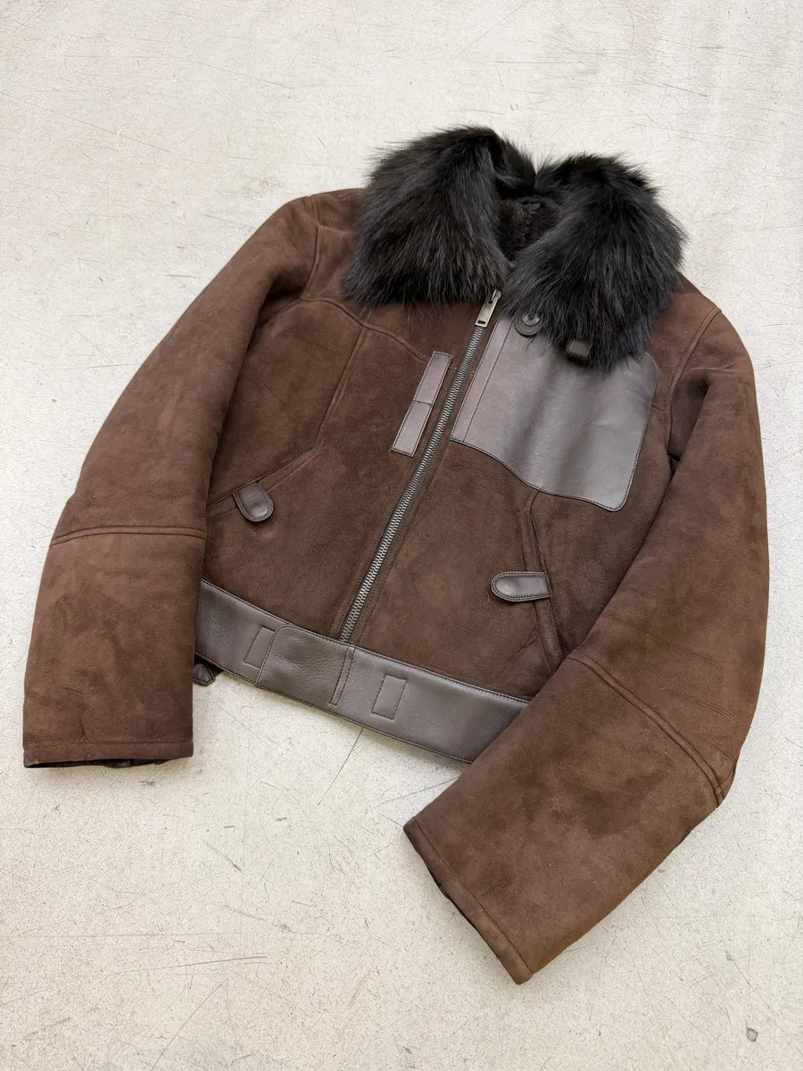 AW2002 Gucci Brown Suede Leather Fur Collar Jacket by Tom Ford cXgLQSj 8