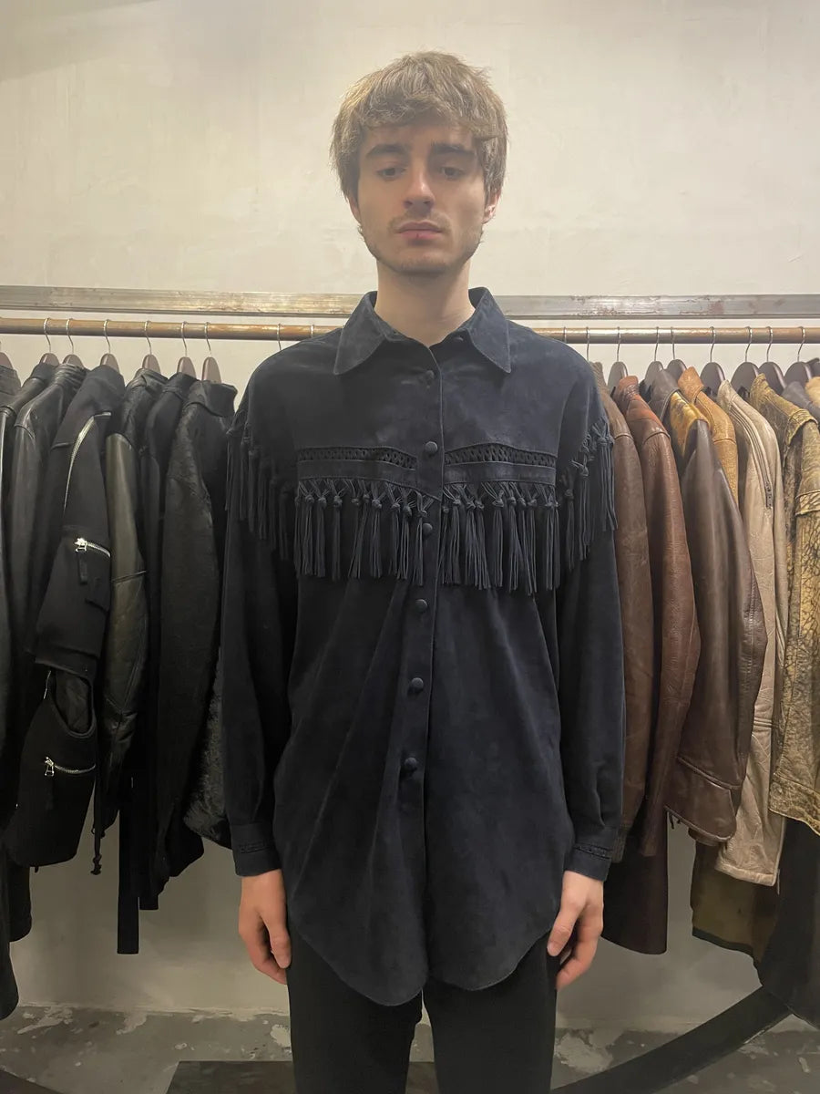 AW2002 Roberto Cavalli Cowboy Navy Suede Leather Shirt (S/M) gquGiPd 2