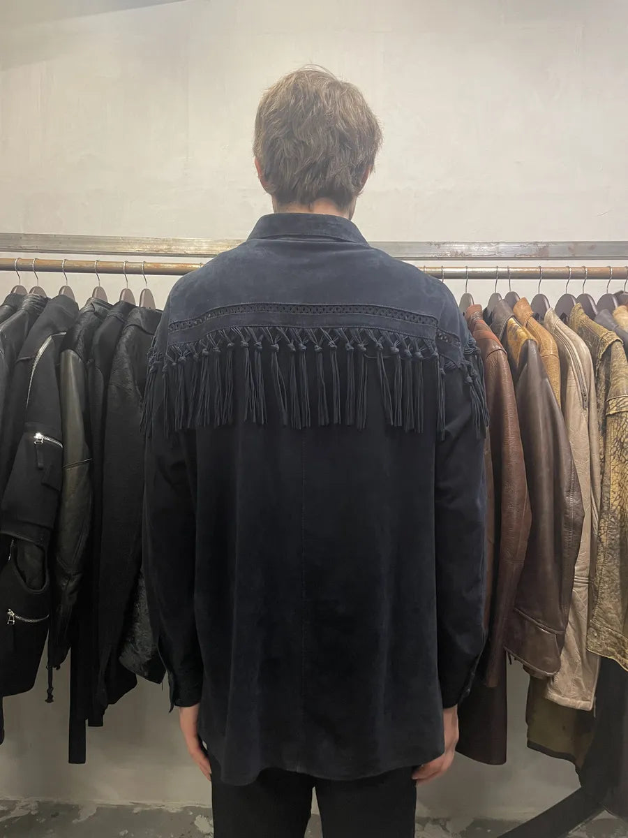 AW2002 Roberto Cavalli Cowboy Navy Suede Leather Shirt (S/M) gquGiPd 3