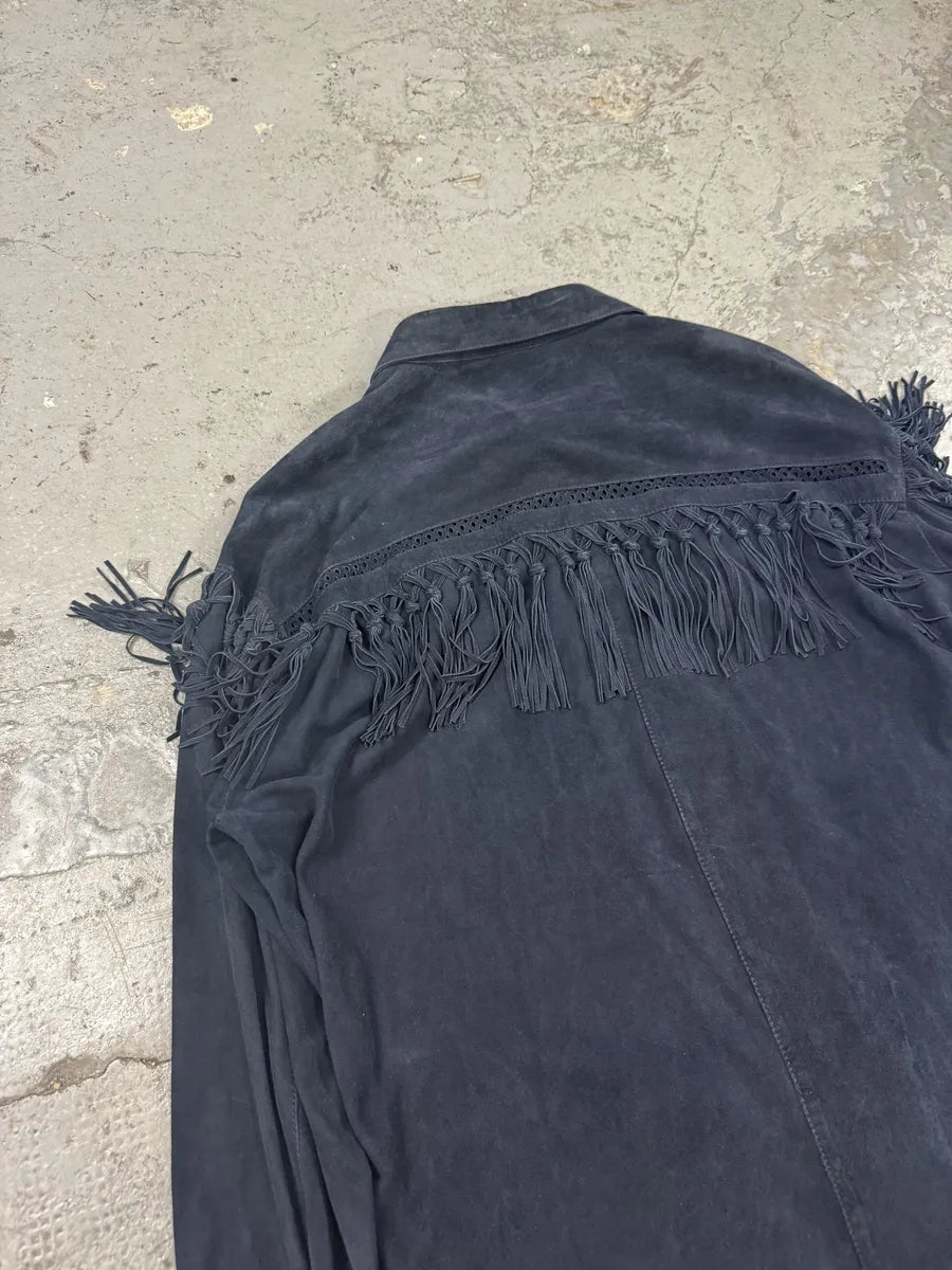 AW2002 Roberto Cavalli Cowboy Navy Suede Leather Shirt (S/M) gquGiPd 4