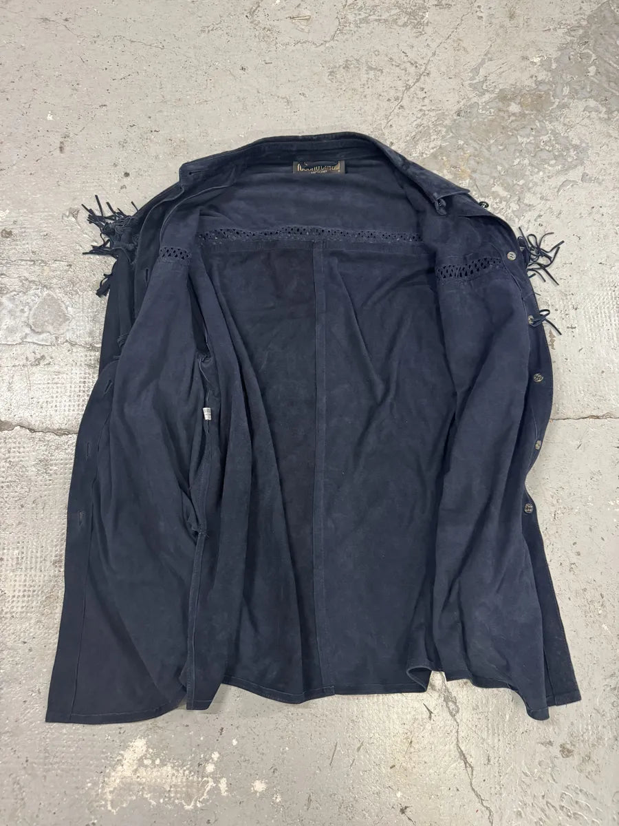 AW2002 Roberto Cavalli Cowboy Navy Suede Leather Shirt (S/M) gquGiPd 7