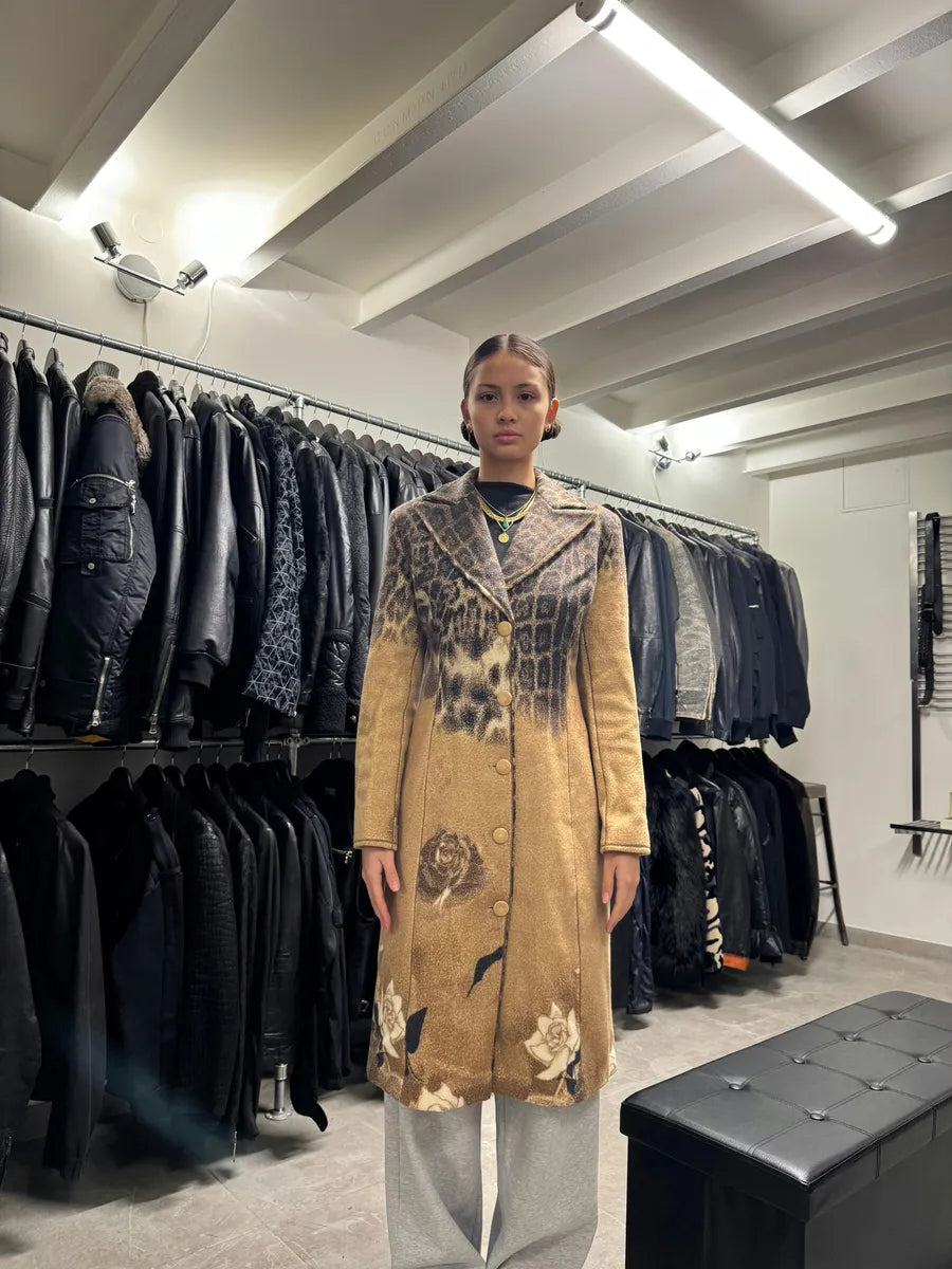 AW2002 Roberto Cavalli Leopard Print Beige Wool Trench Coat (XS/S) DLQWLLW 1