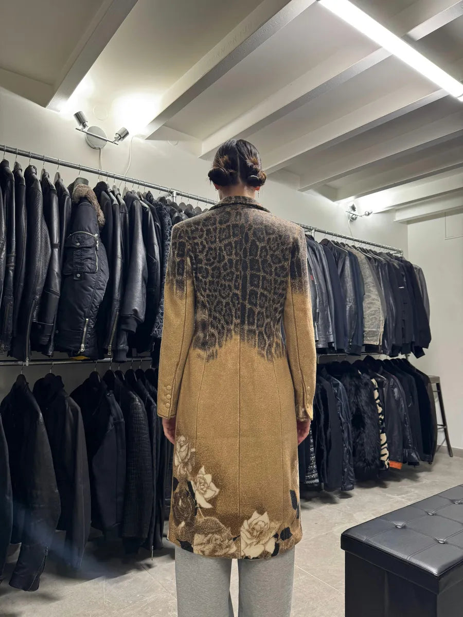 AW2002 Roberto Cavalli Leopard Print Beige Wool Trench Coat (XS/S) DLQWLLW 6