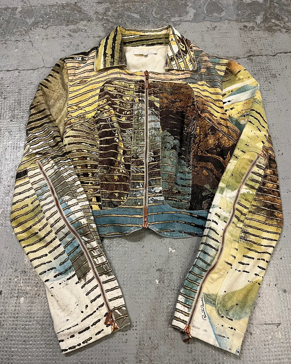 AW2002 Roberto Cavalli Lion Savana Lines Cropped Blue Jacket CMwqpTQ 0