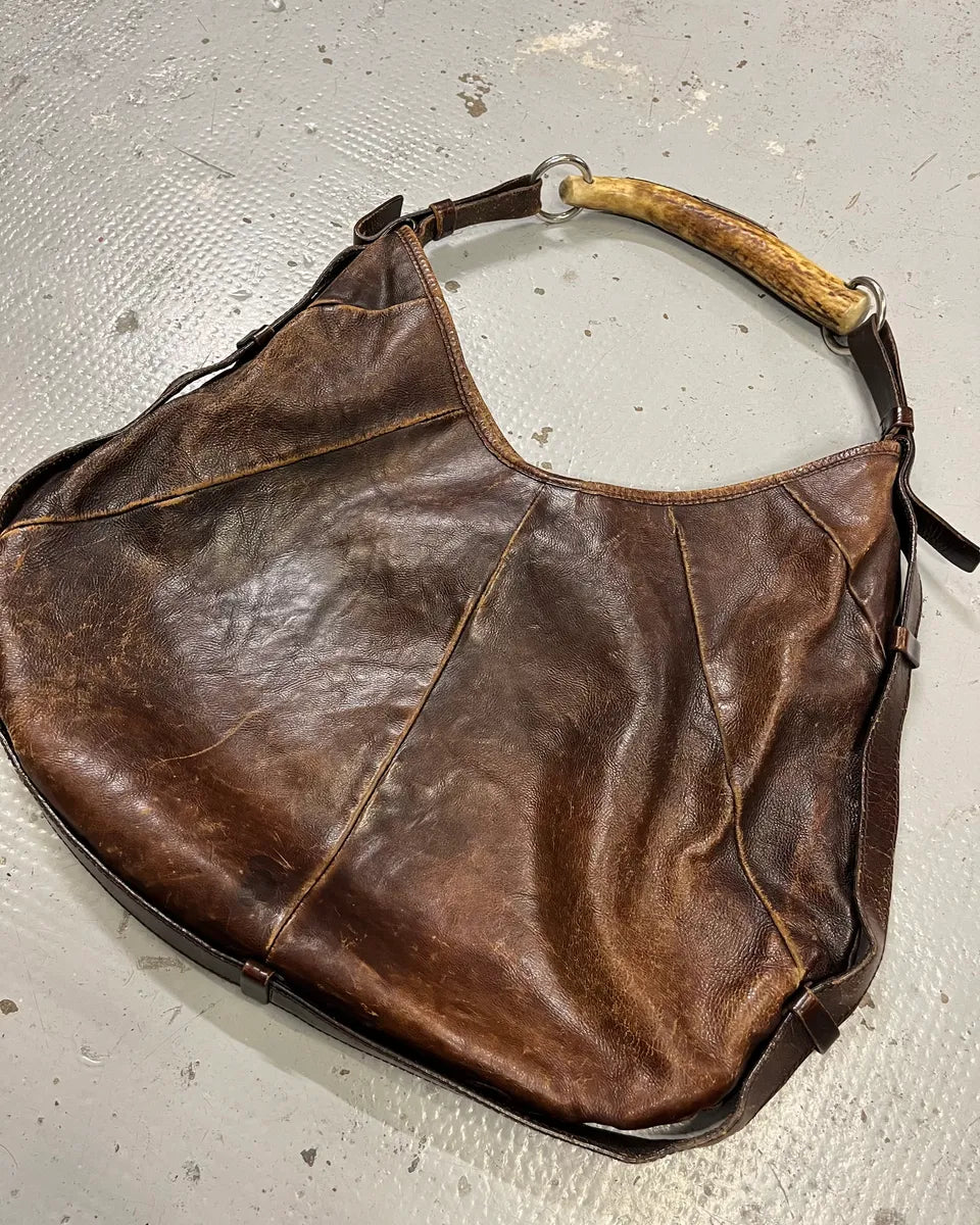 AW2002 Yves Saint Laurent Brown Eroded Leather Mombasa Handle Bag rZknvdH 2