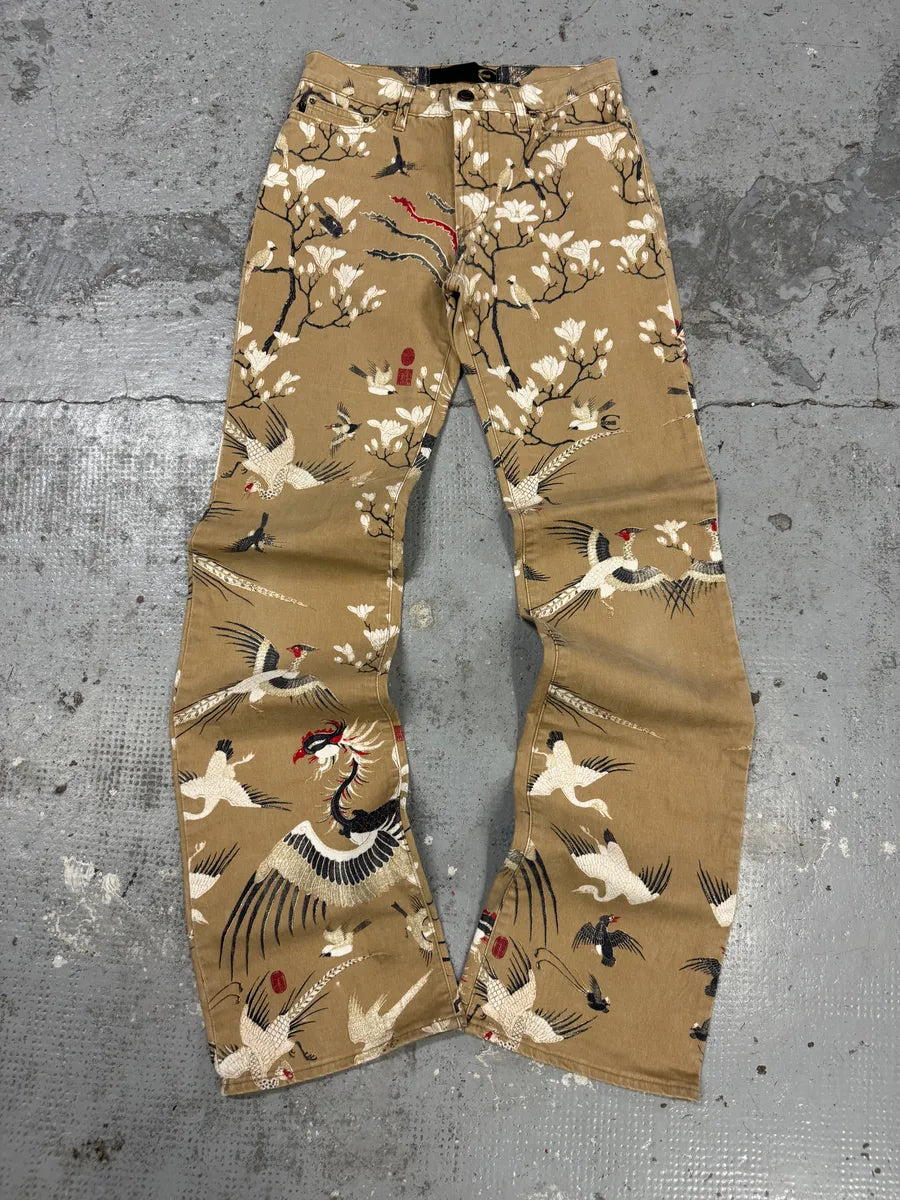 AW2003 Cavalli Asian Bird Flowers Beige Pants jkBrmzD 0