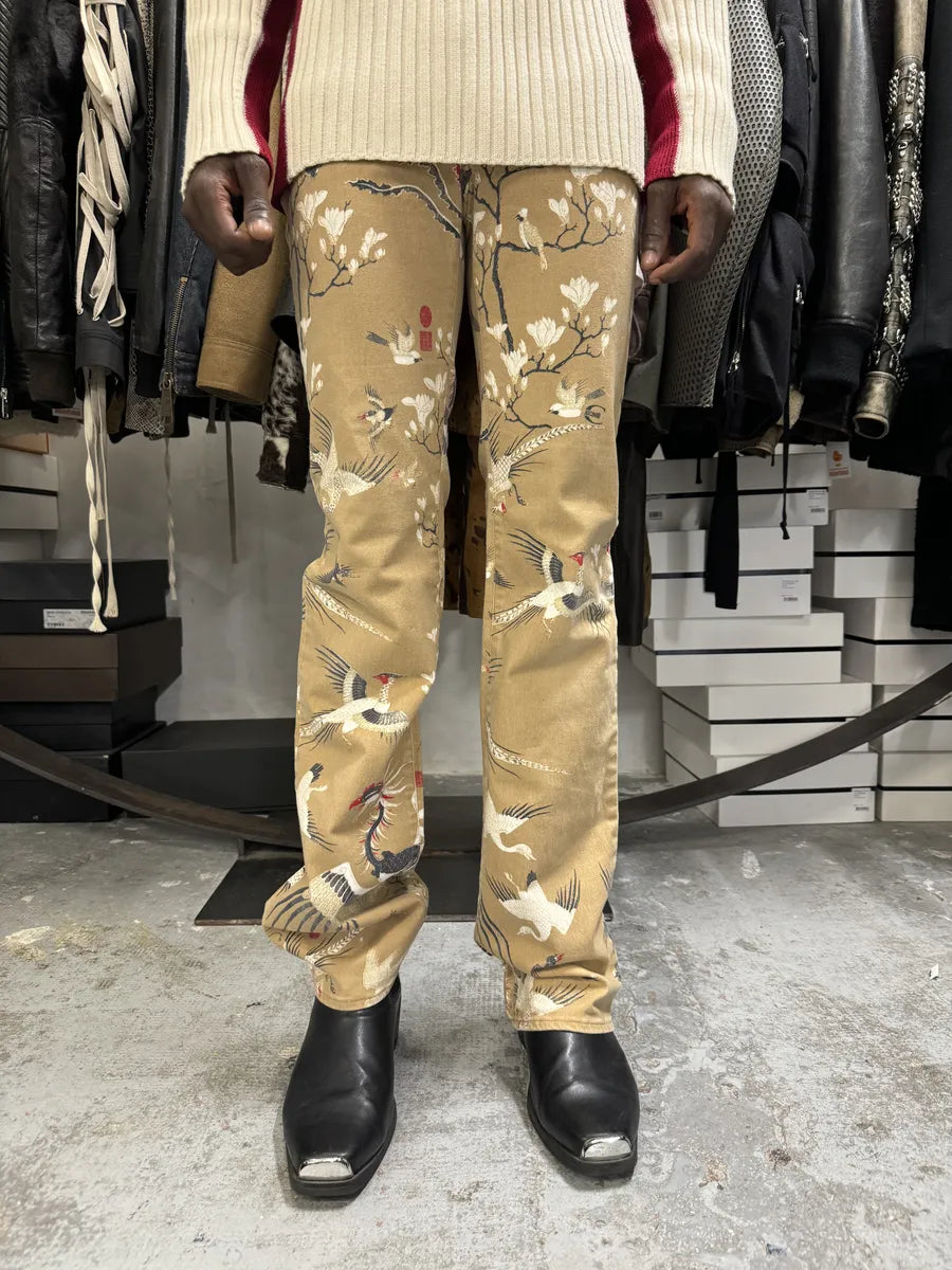 AW2003 Cavalli Asian Bird Flowers Beige Pants jkBrmzD 1