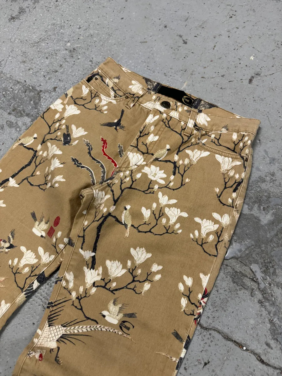 AW2003 Cavalli Asian Bird Flowers Beige Pants jkBrmzD 10