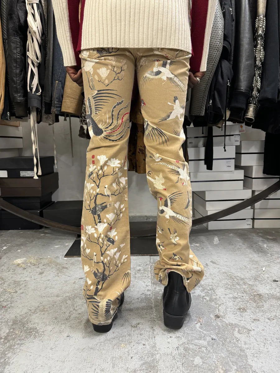 AW2003 Cavalli Asian Bird Flowers Beige Pants jkBrmzD 2