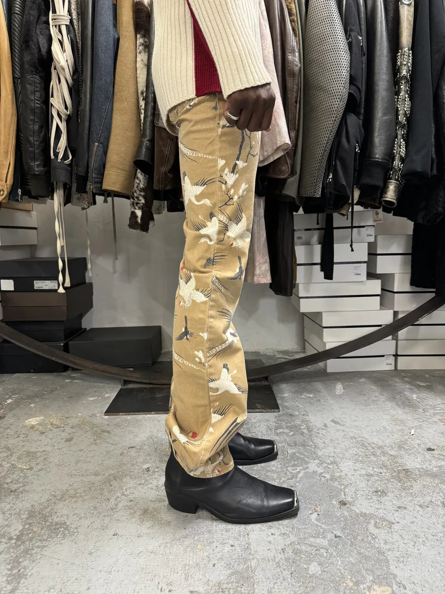 AW2003 Cavalli Asian Bird Flowers Beige Pants jkBrmzD 3