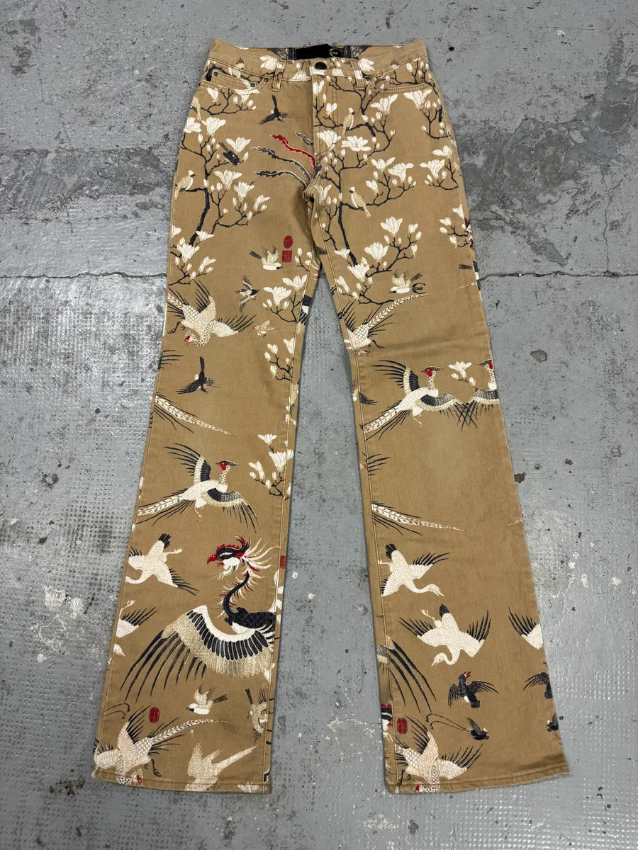 AW2003 Cavalli Asian Bird Flowers Beige Pants jkBrmzD 4