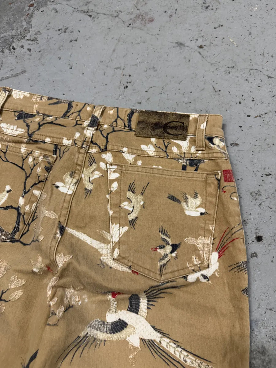 AW2003 Cavalli Asian Bird Flowers Beige Pants jkBrmzD 5